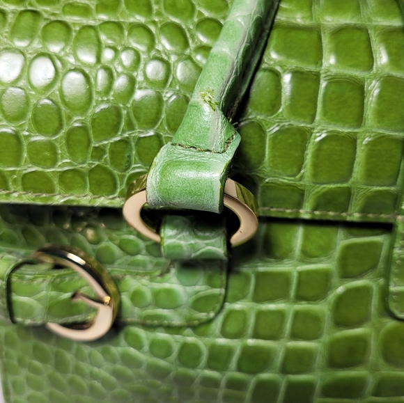 Genuine Leather Green Croc Embossed Handbag Shoulder Bag Satchel Vintage - Picture 6 of 16
